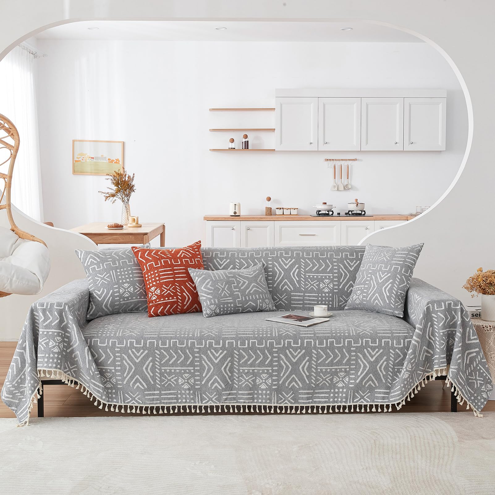 Amazon.com: HANDONTIME Bohemian Couch Cover - Grey & White Aztec